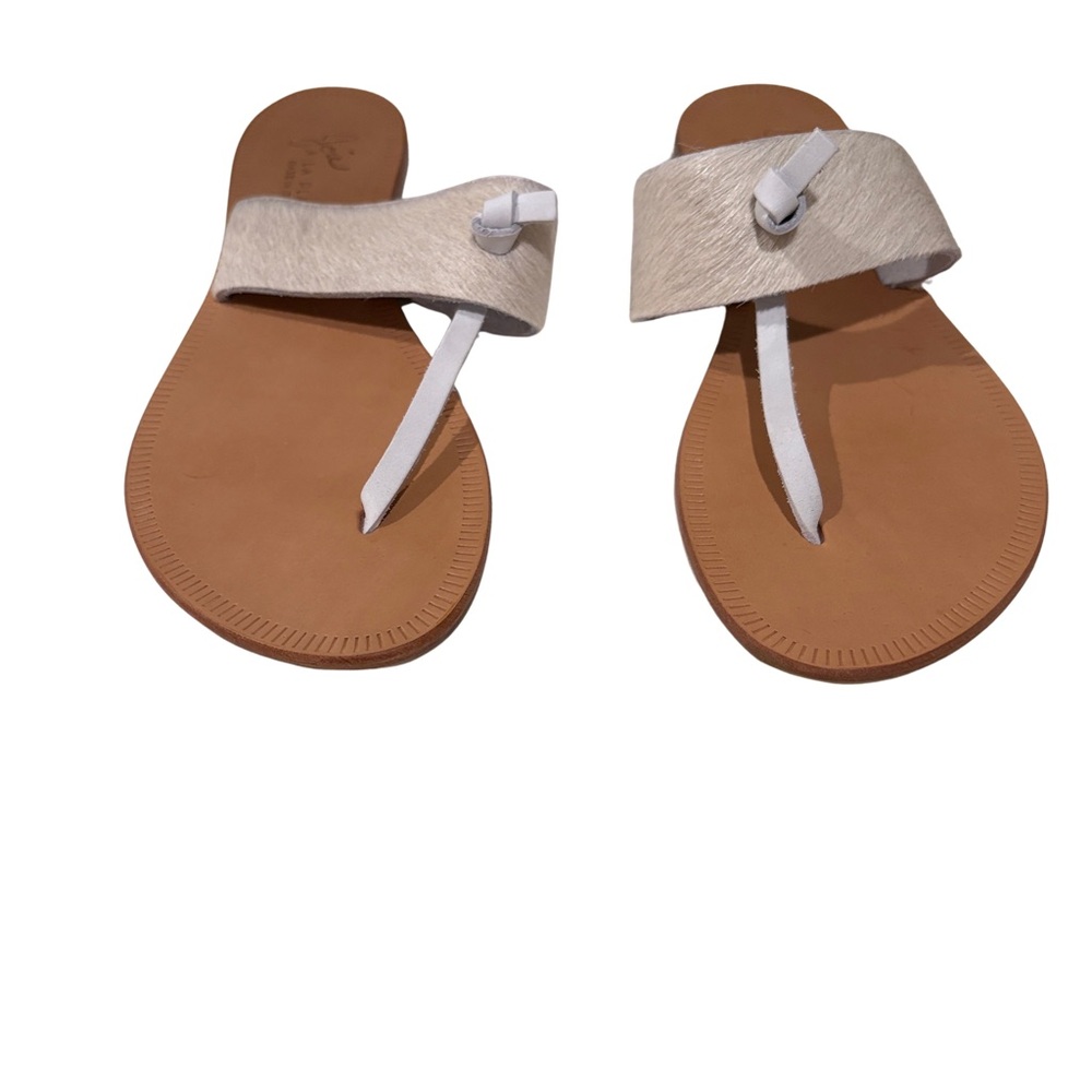 Joie White Haircalf Toe-Loop Sandals with Tan Footbed